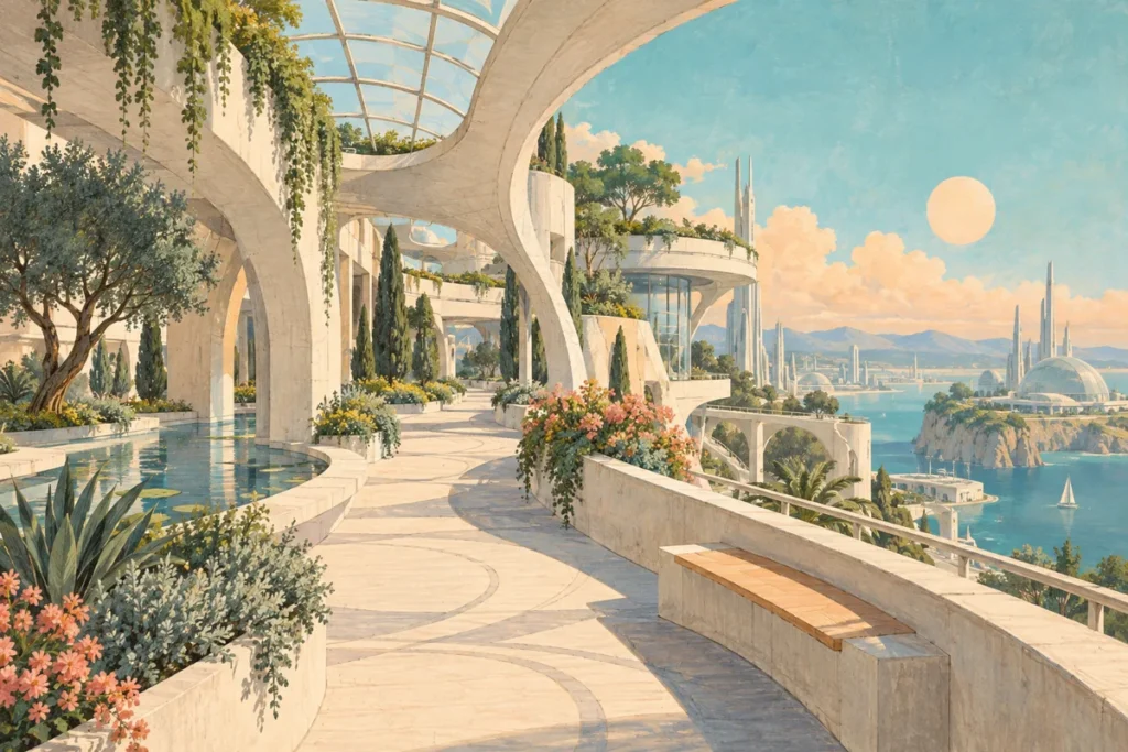 Imagined sunlit public walkway with gardens and curved architecture.